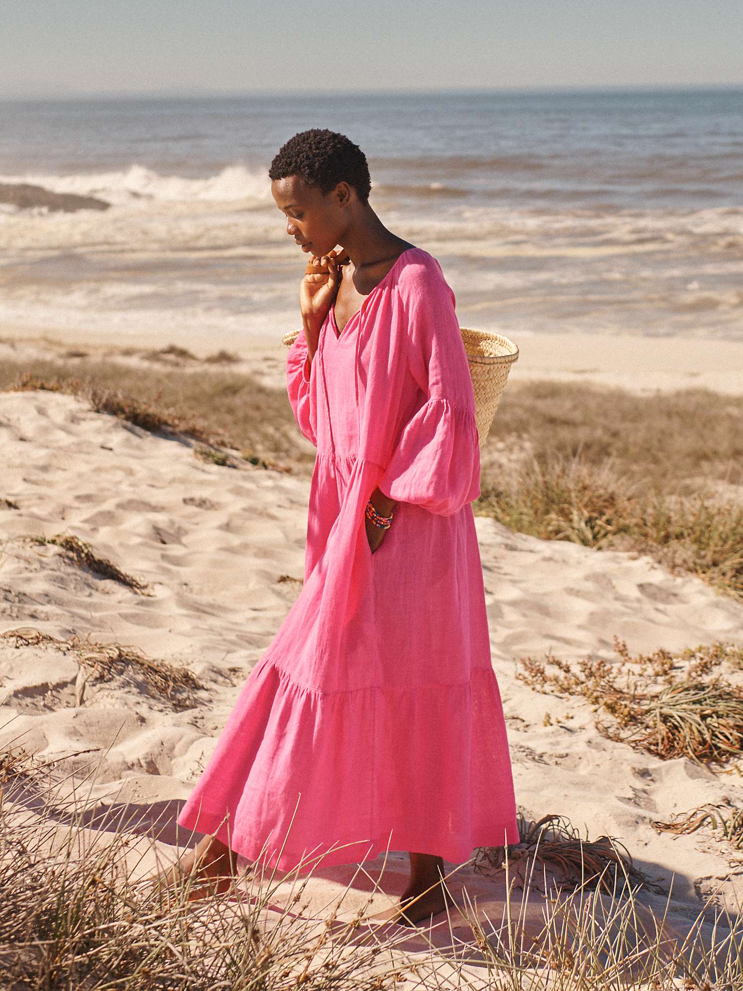 Buy NRBY Iris Linen Gauze Tiered Maxi Dress, Bright Pink Online at johnlewis.com