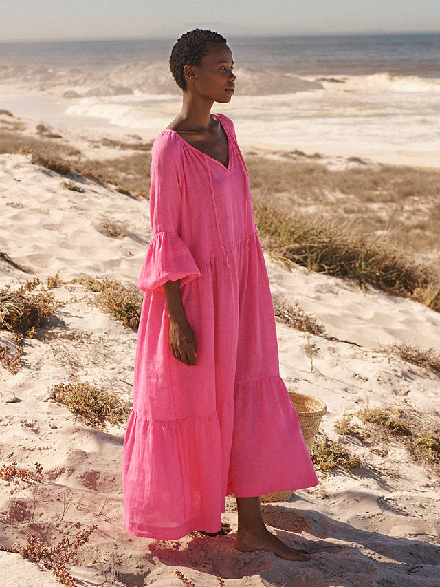 NRBY Iris Linen Gauze Tiered Maxi Dress, Bright Pink