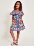 Monsoon Kids' Floral Tile Print Bardot Top & Skirt Set, Navy/Multi