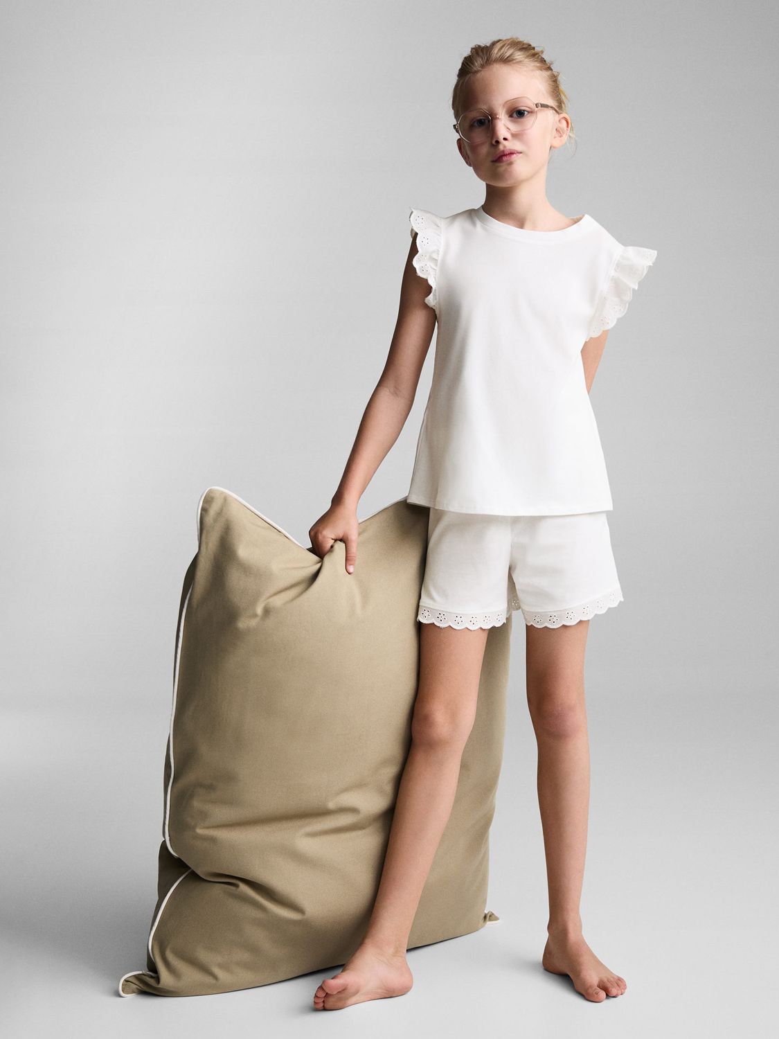 Mango Kids' Petunia Broderie Ruffle Shorts Pyjamas, Natural White, 11-12 years
