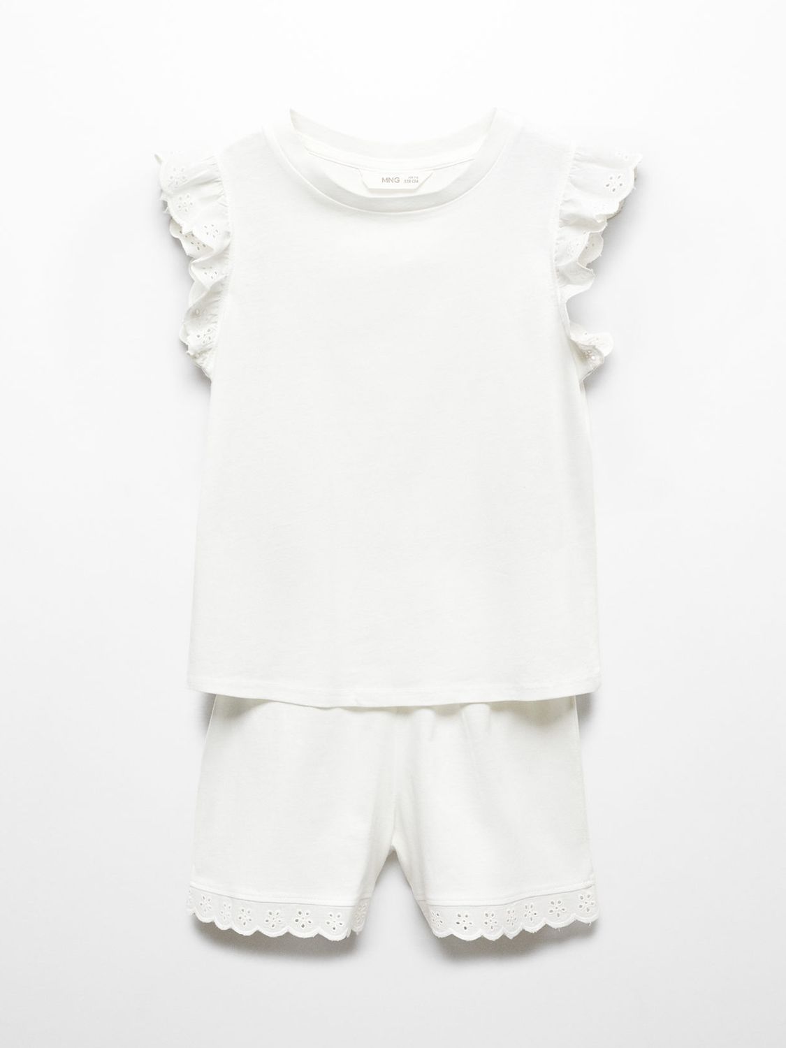 Mango Kids' Petunia Broderie Ruffle Shorts Pyjamas, Natural White, 11-12 years