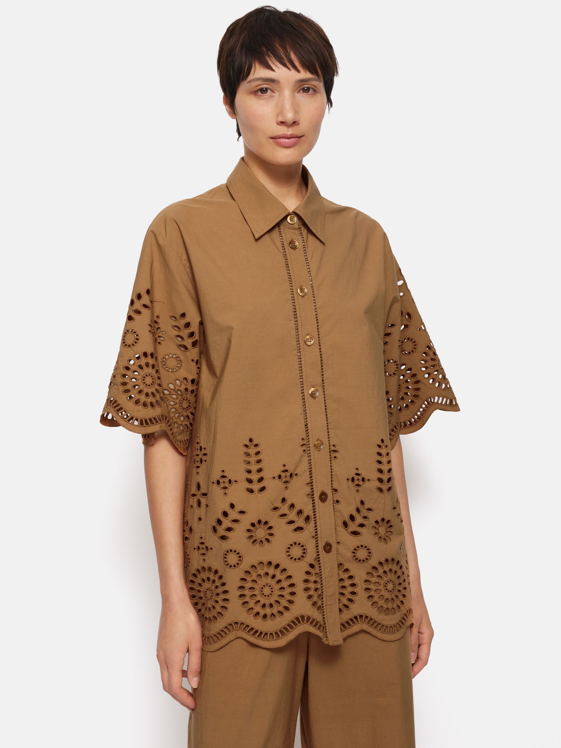 Jigsaw Cotton Broderie Half Sleeve Shirt, Camel, S
