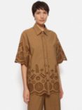 Jigsaw Cotton Broderie Half Sleeve Shirt, Camel