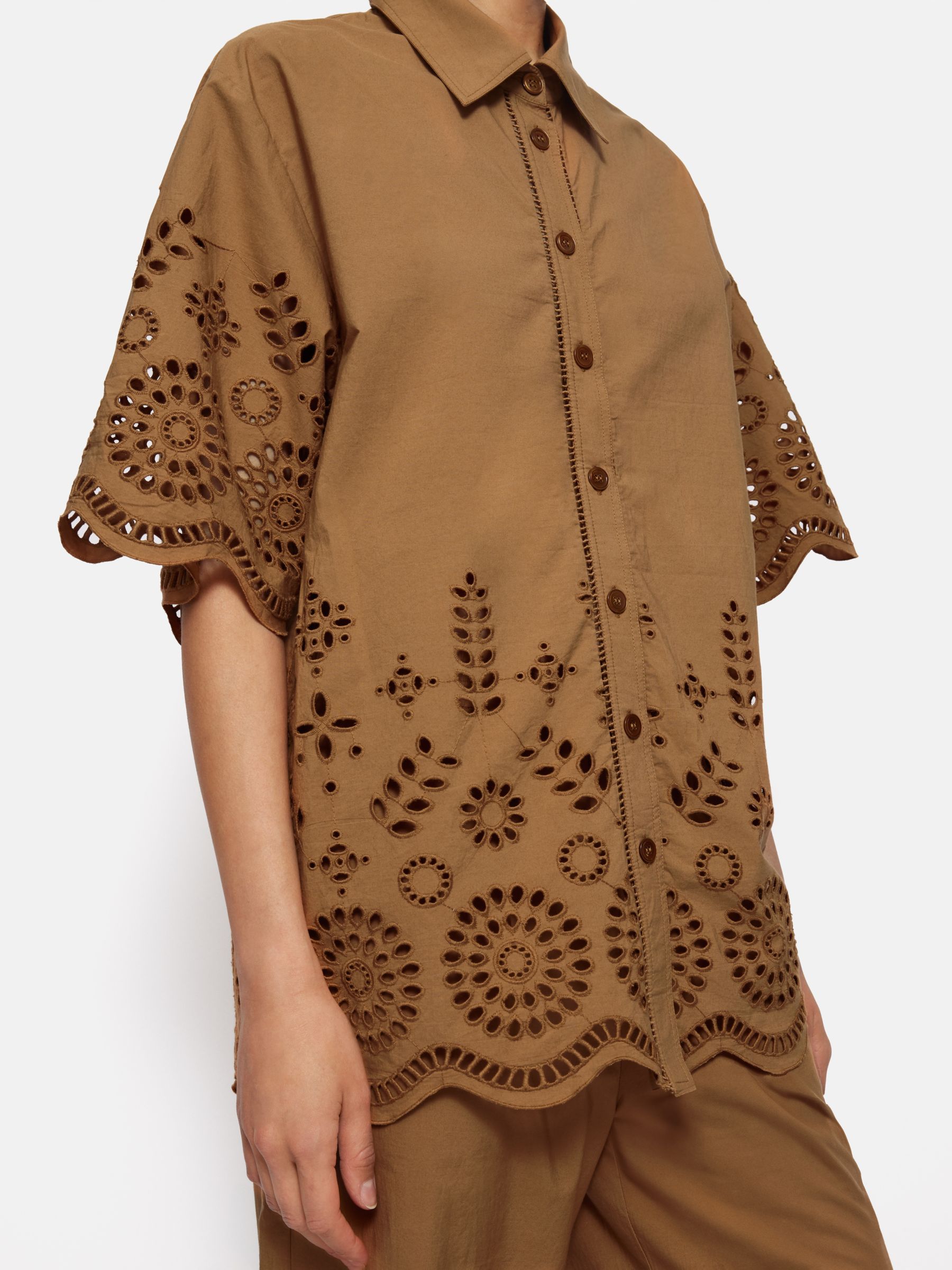 Jigsaw Cotton Broderie Half Sleeve Shirt, Camel, S
