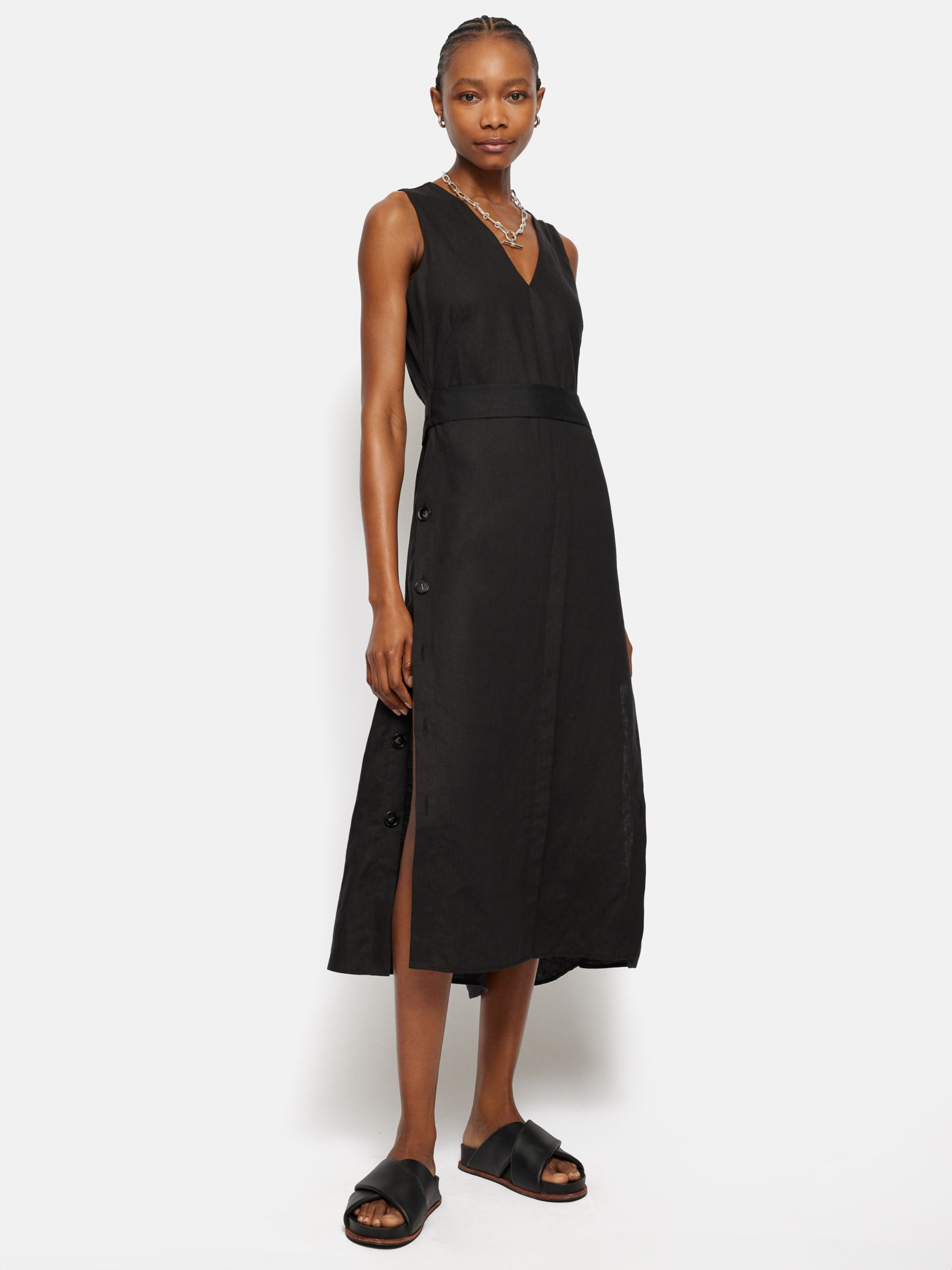 Jigsaw Button Side Split Linen Midi Dress, Black, 6