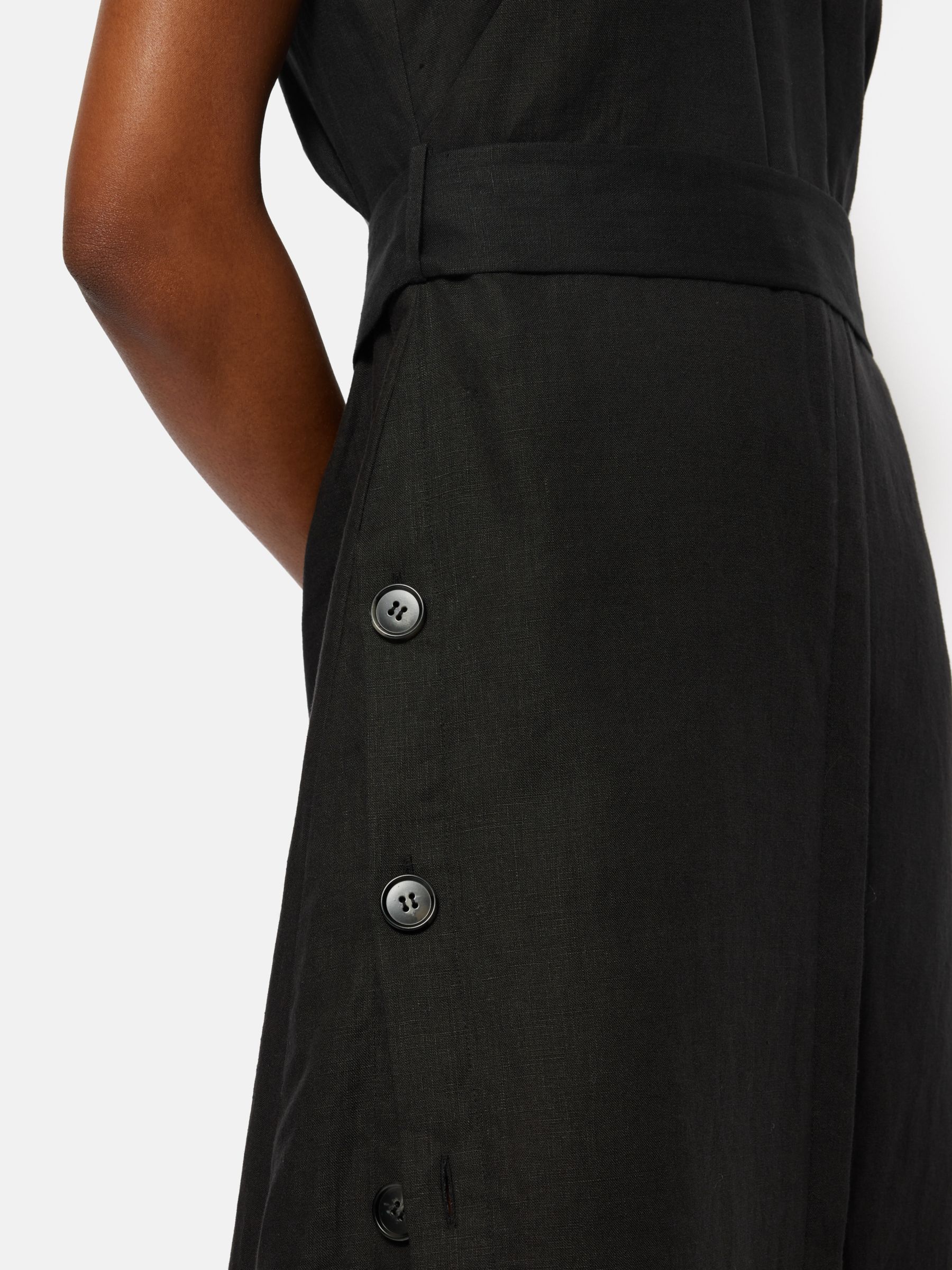 Jigsaw Button Side Split Linen Midi Dress, Black, 6