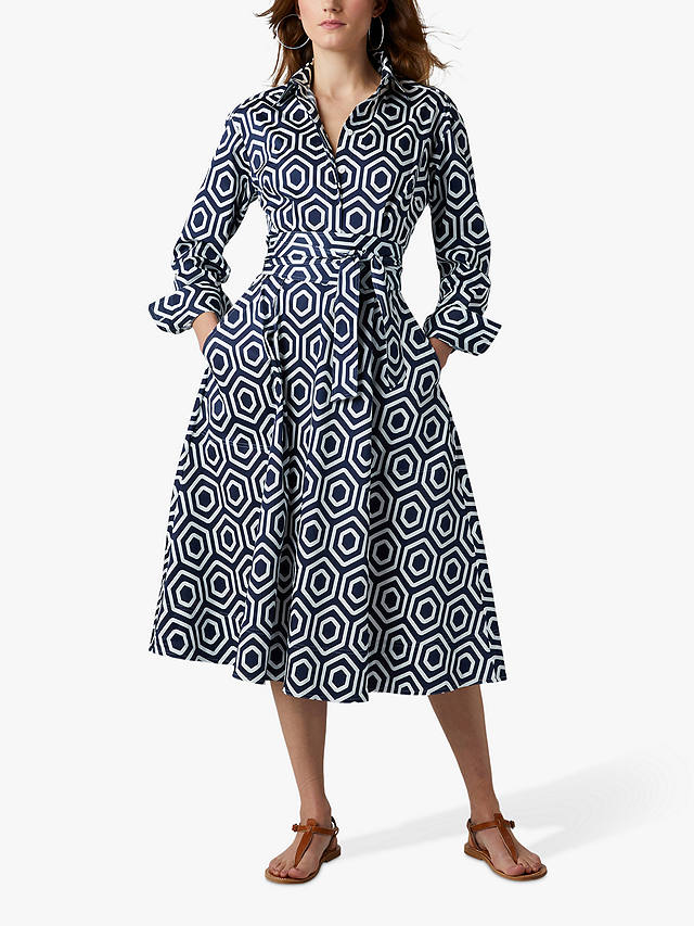 Jasper Conran London Blythe Geometric Print Full Skirt Midi Shirt Dress, Navy