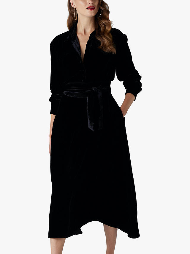 Jasper Conran London Eve Silk Blend Velvet Midi Shirt Dress, Black