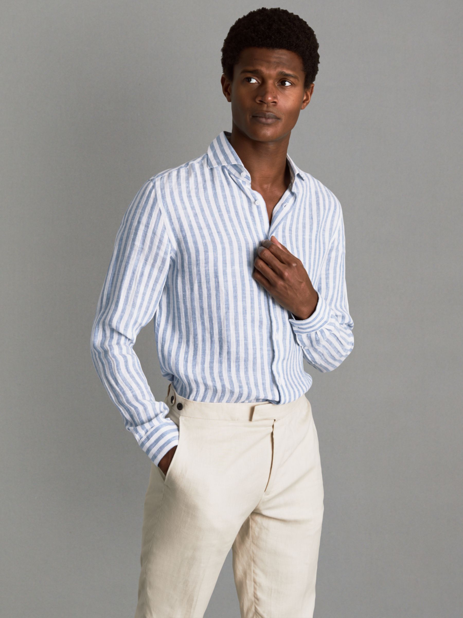 Reiss Ruban Long Sleeve Linen Stripe Shirt, Blue/White, XS