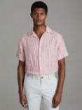 Reiss Beldi Linen Short Sleeve Cuban Shirt, Pink/White Stripe