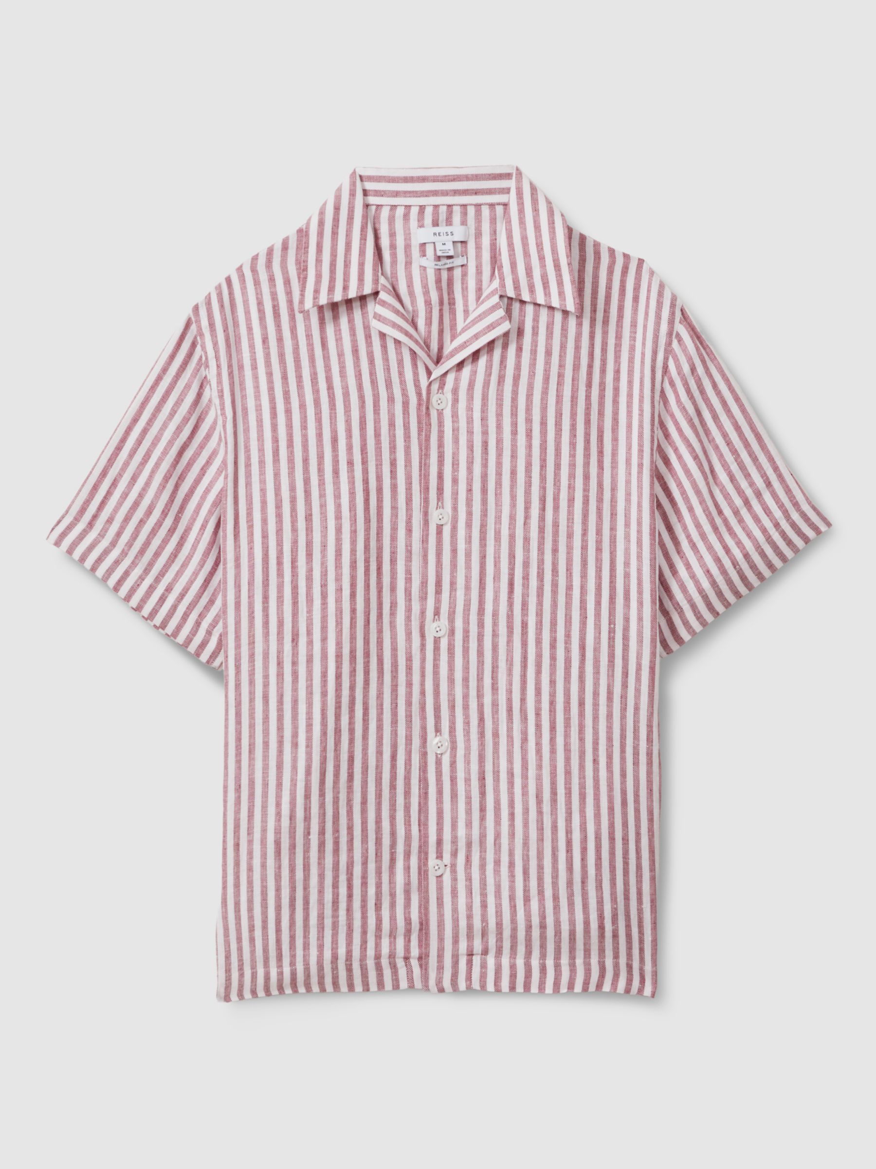 Reiss Beldi Linen Short Sleeve Cuban Shirt, Pink/White Stripe, XS