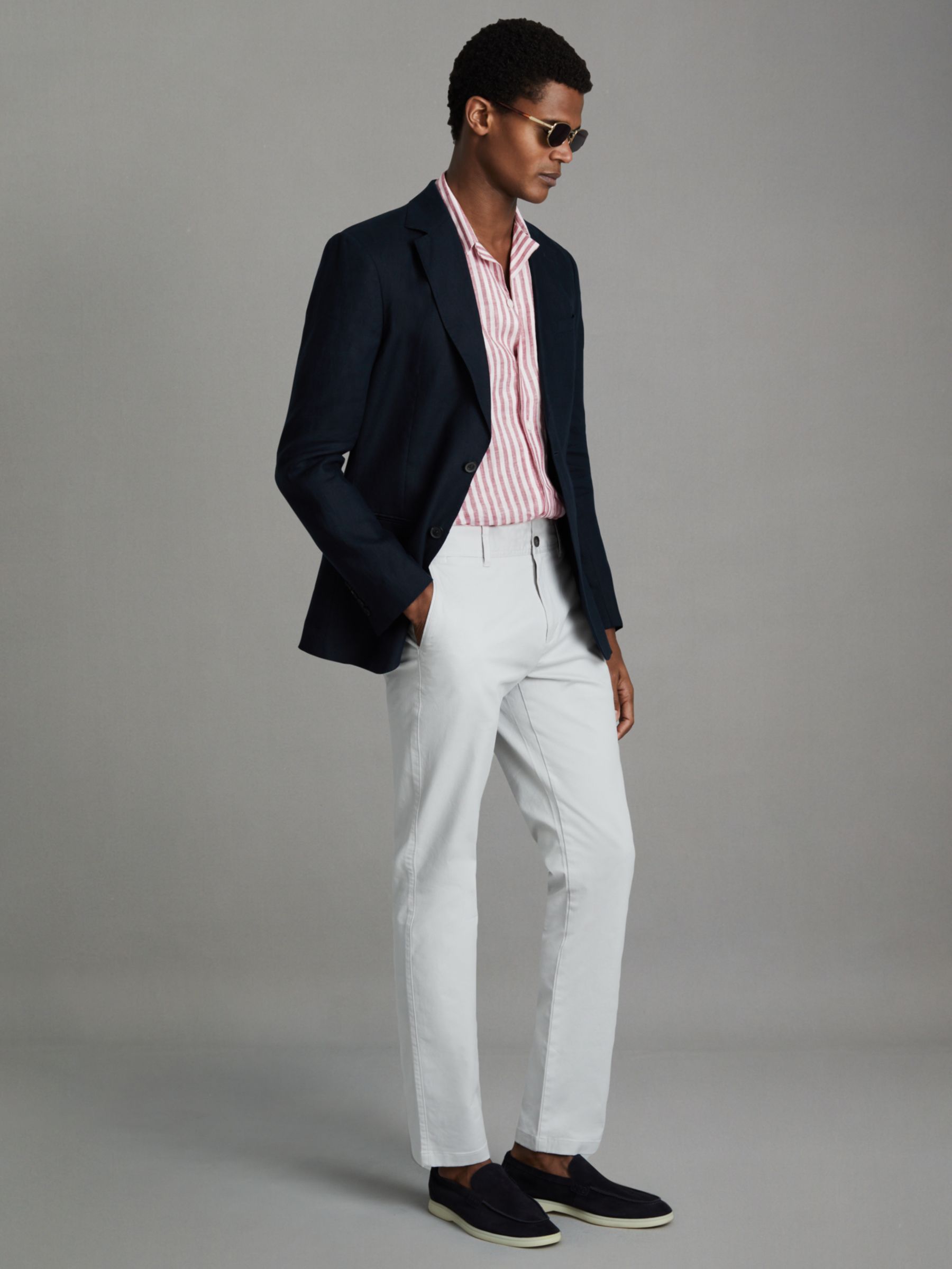 Reiss Beldi Linen Short Sleeve Cuban Shirt, Pink/White Stripe, XS