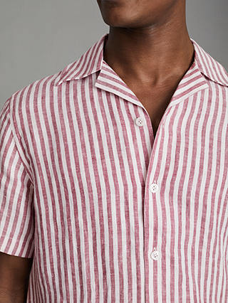 Reiss Beldi Linen Short Sleeve Cuban Shirt, Pink/White Stripe