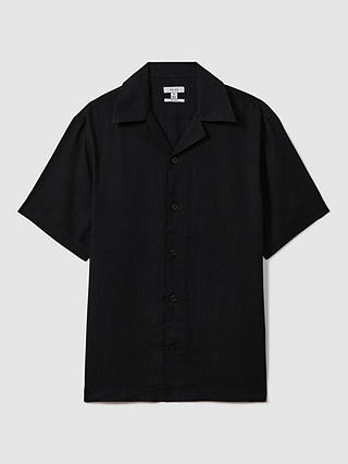 Reiss Beldi Linen Short Sleeve Cuban Shirt, Black