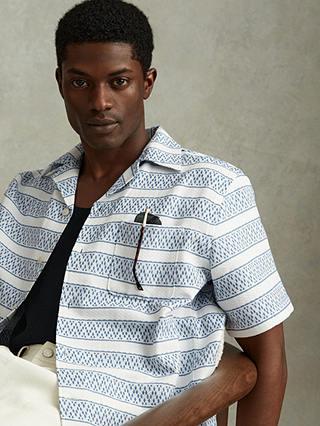 Reiss Kesh Striped Herringbone Cuban Shirt, White/Soft Blue