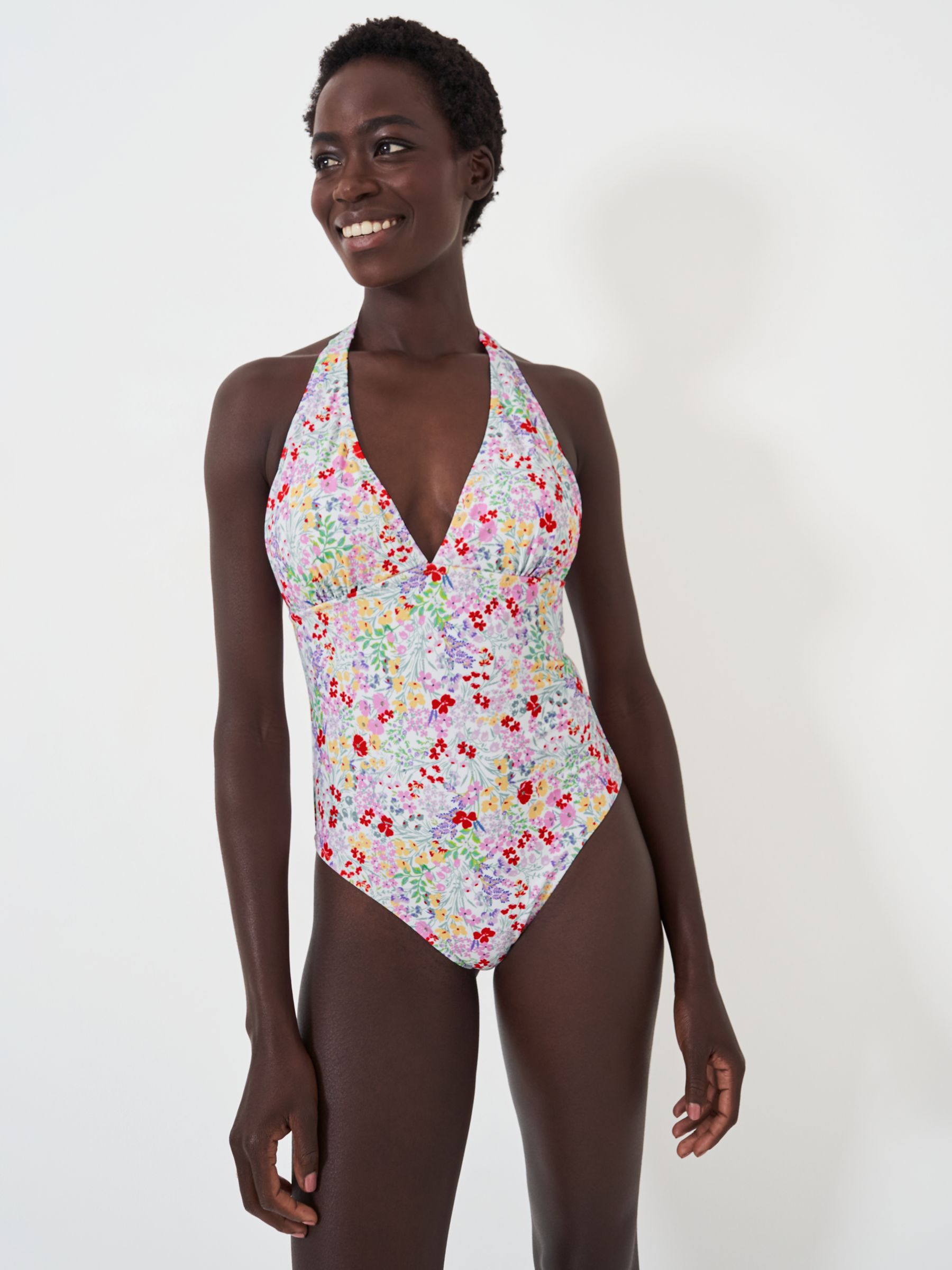 Crew Clothing Floral Print Halterneck Swimsuit, Pink/Multi, 6
