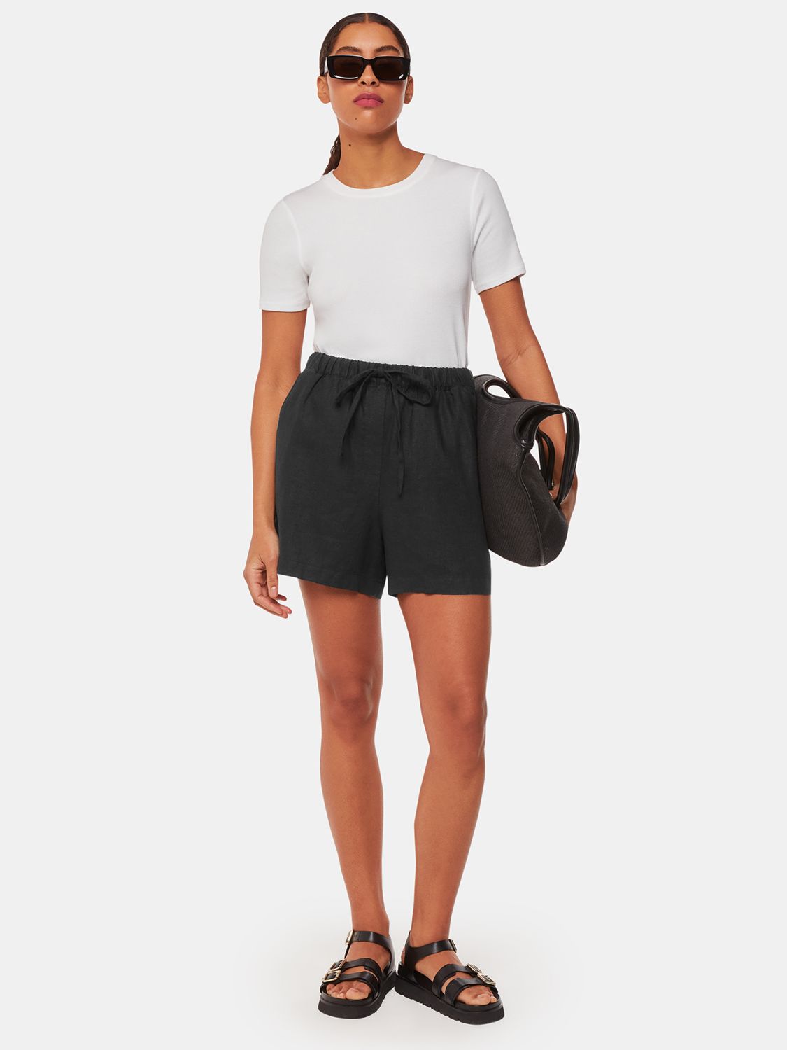 Whistles Petite Elasticated Waist Linen Shorts, Black, 6