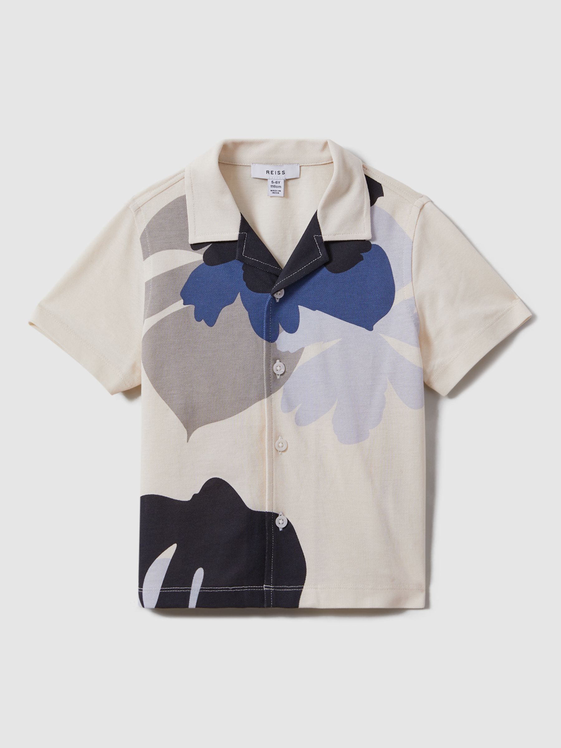 Reiss Kids' Parc Mercerised Pique Short Sleeve Cuban Shirt, Grey/Blue Multi, 3-4 years