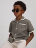 Reiss Kids' Vitan Linen Cuban Short Sleeve Shirt, Khaki/White