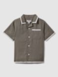 Reiss Kids' Vitan Linen Cuban Short Sleeve Shirt, Khaki/White