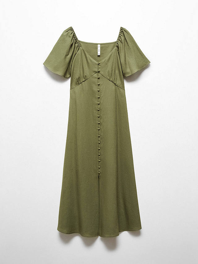 Mango Buttoned Linen Blend Midi Dress, Khaki