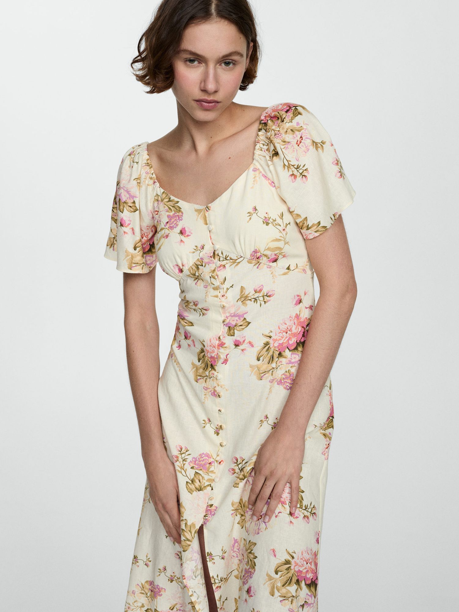 Mango Buttoned Floral Print Linen Blend Midi Dress, Light Beige/Multi, 10