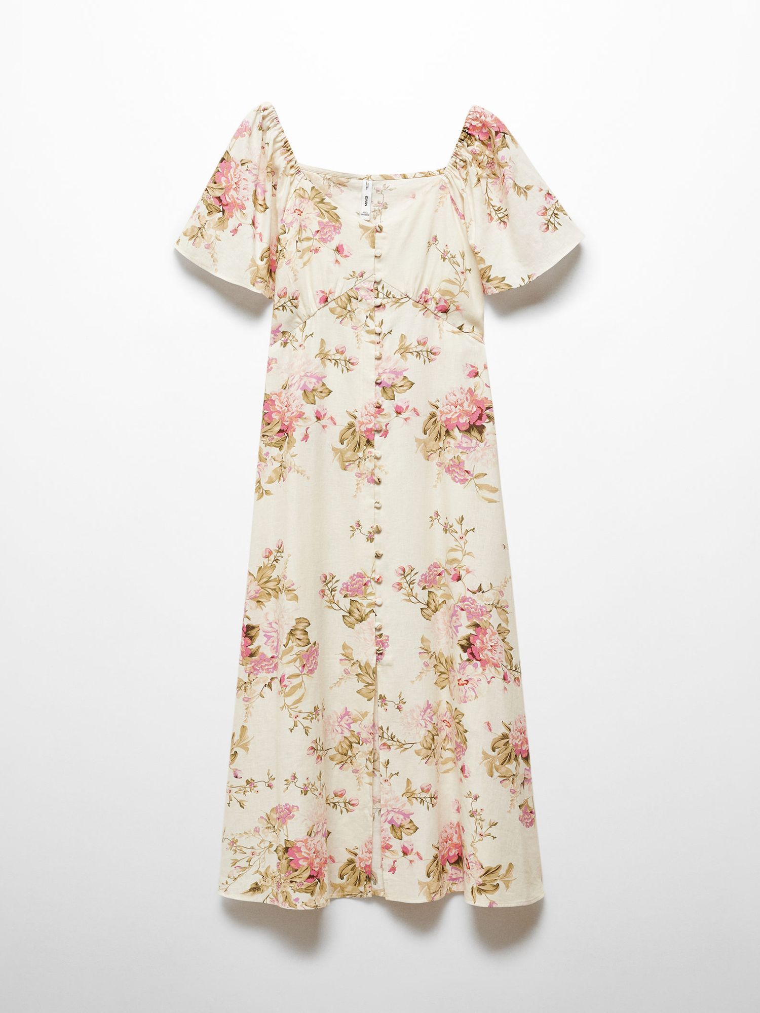 Mango Buttoned Floral Print Linen Blend Midi Dress, Light Beige/Multi, 10