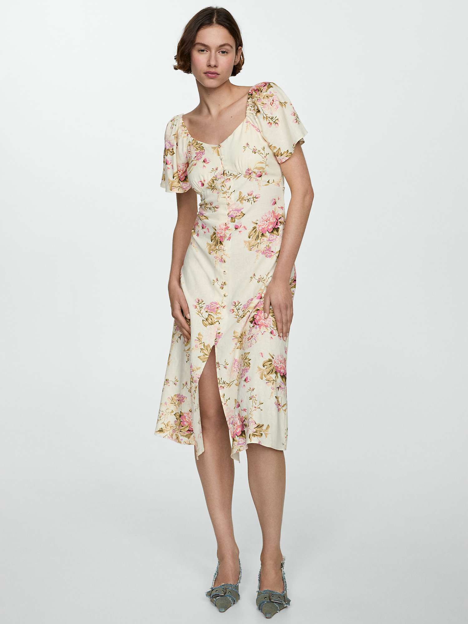 Buy Mango Buttoned Floral Print Linen Blend Midi Dress, Light Beige/Multi Online at johnlewis.com