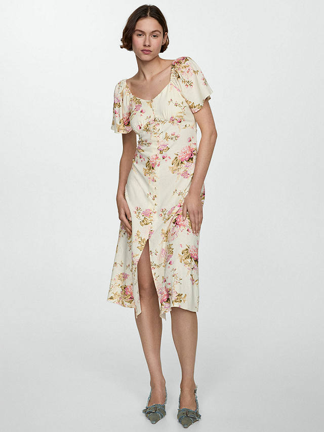 Mango Buttoned Floral Print Linen Blend Midi Dress, Light Beige/Multi