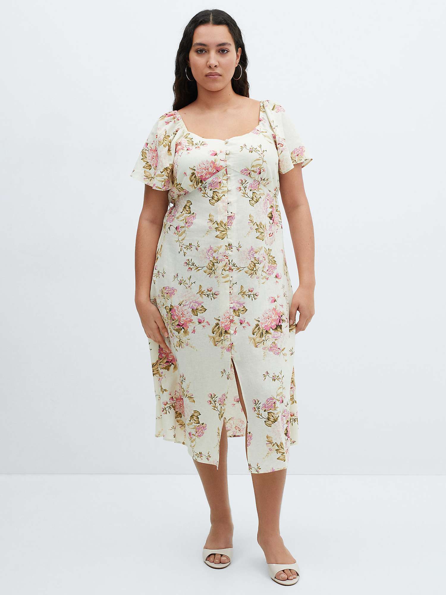 Buy Mango Buttoned Floral Print Linen Blend Midi Dress, Light Beige/Multi Online at johnlewis.com