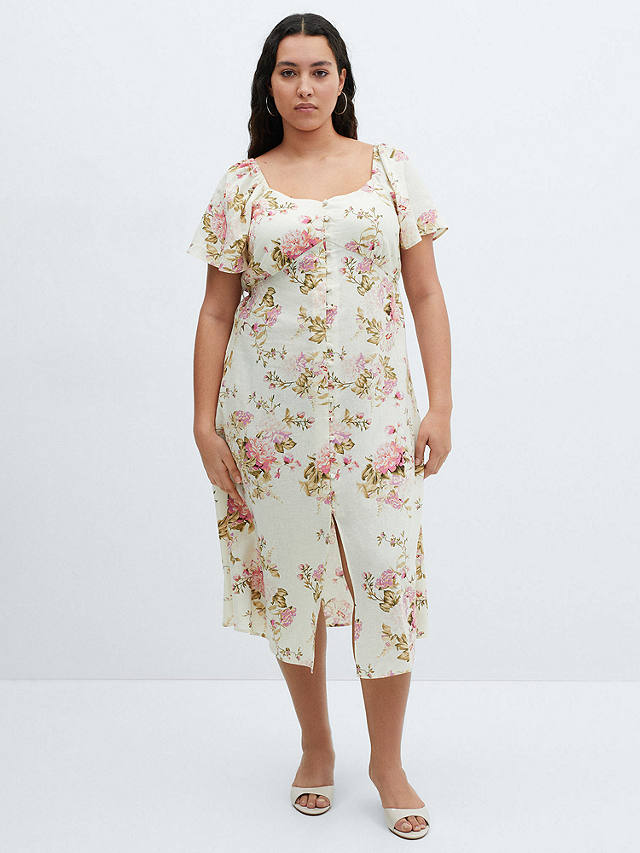 Mango Buttoned Floral Print Linen Blend Midi Dress, Light Beige/Multi