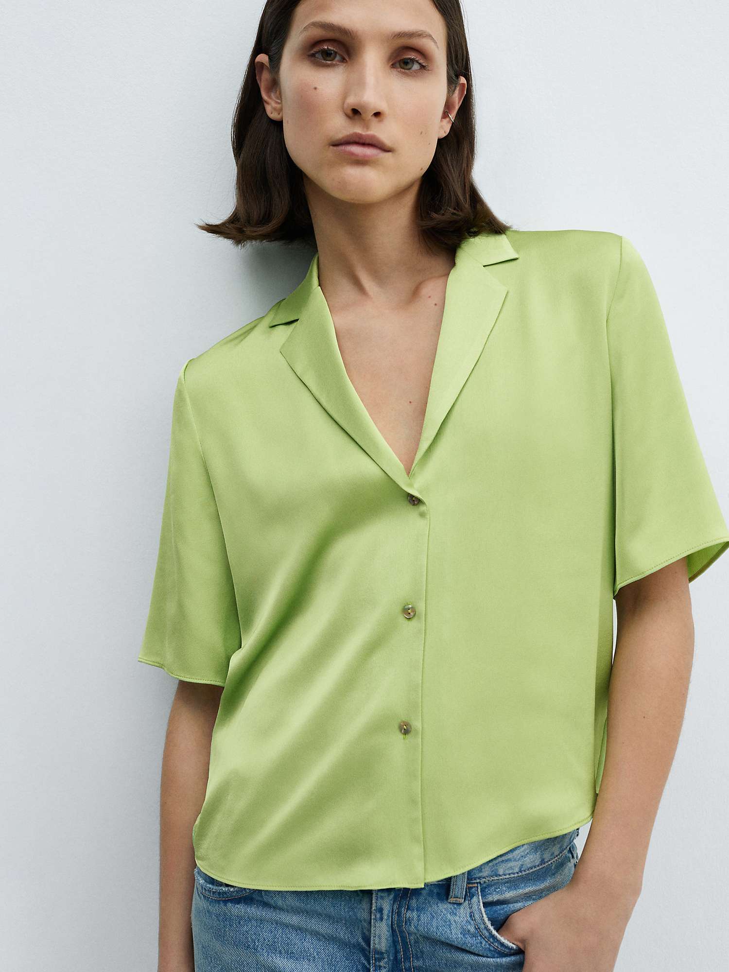 Buy Mango Short Sleeve Satin Shirt, Green Online at johnlewis.com
