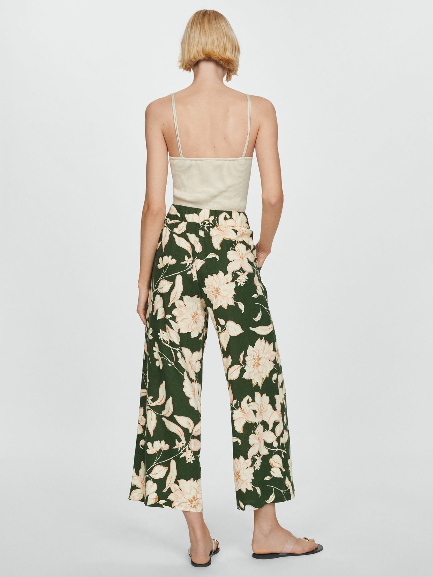 Mango Flower Cropped Trousers, Green/Multi, XS