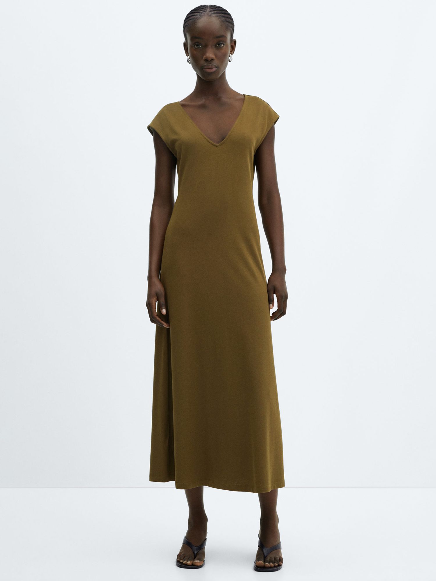Buy Mango Dica Cotton V-neck Midi Dress, Khaki Online at johnlewis.com