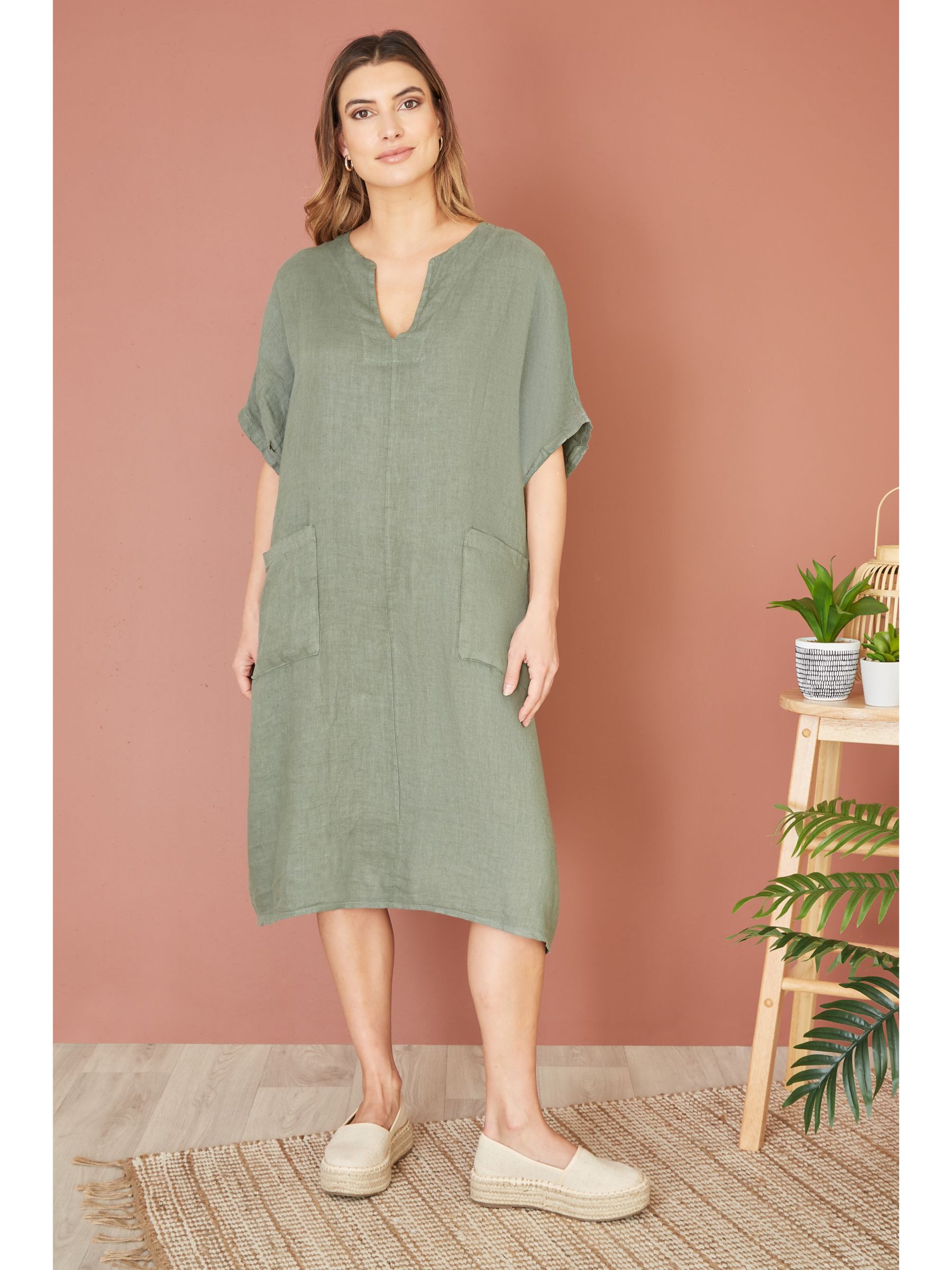 Yumi Italian Linen Tunic Dress, Khaki, S