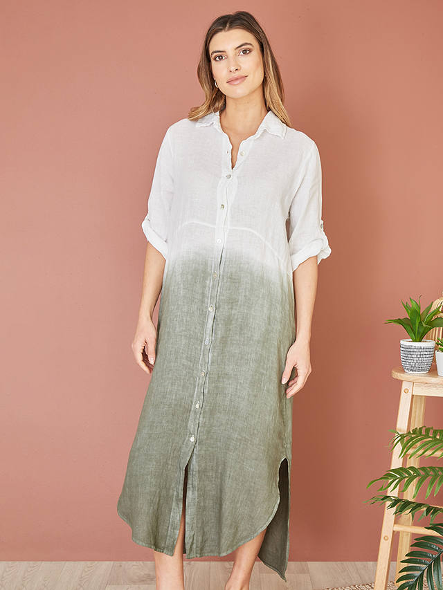 Yumi Italian Linen Dip Dye Midi Shirt Dress, Khaki/White