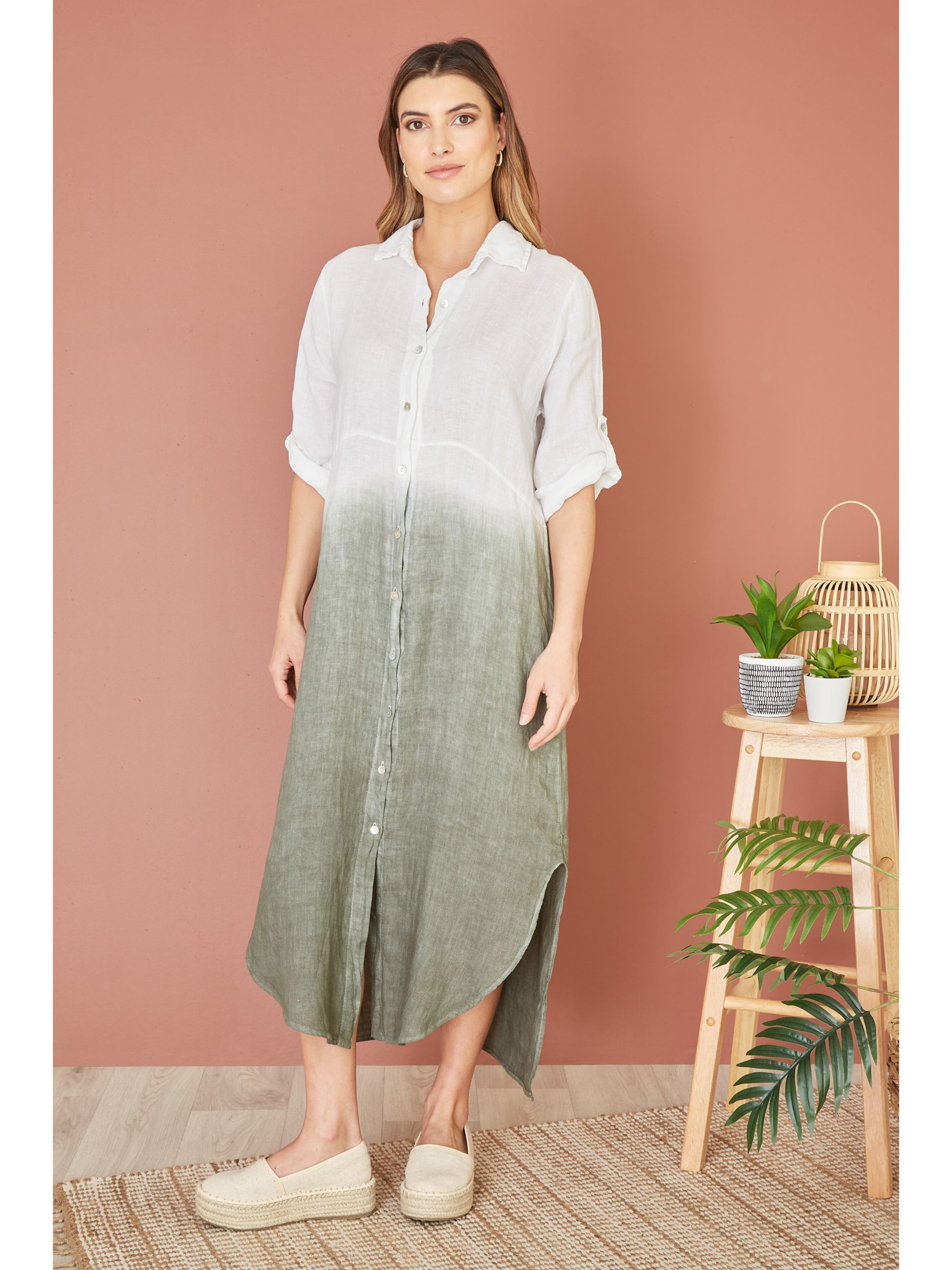 Yumi Italian Linen Dip Dye Midi Shirt Dress, Khaki/White, S-M