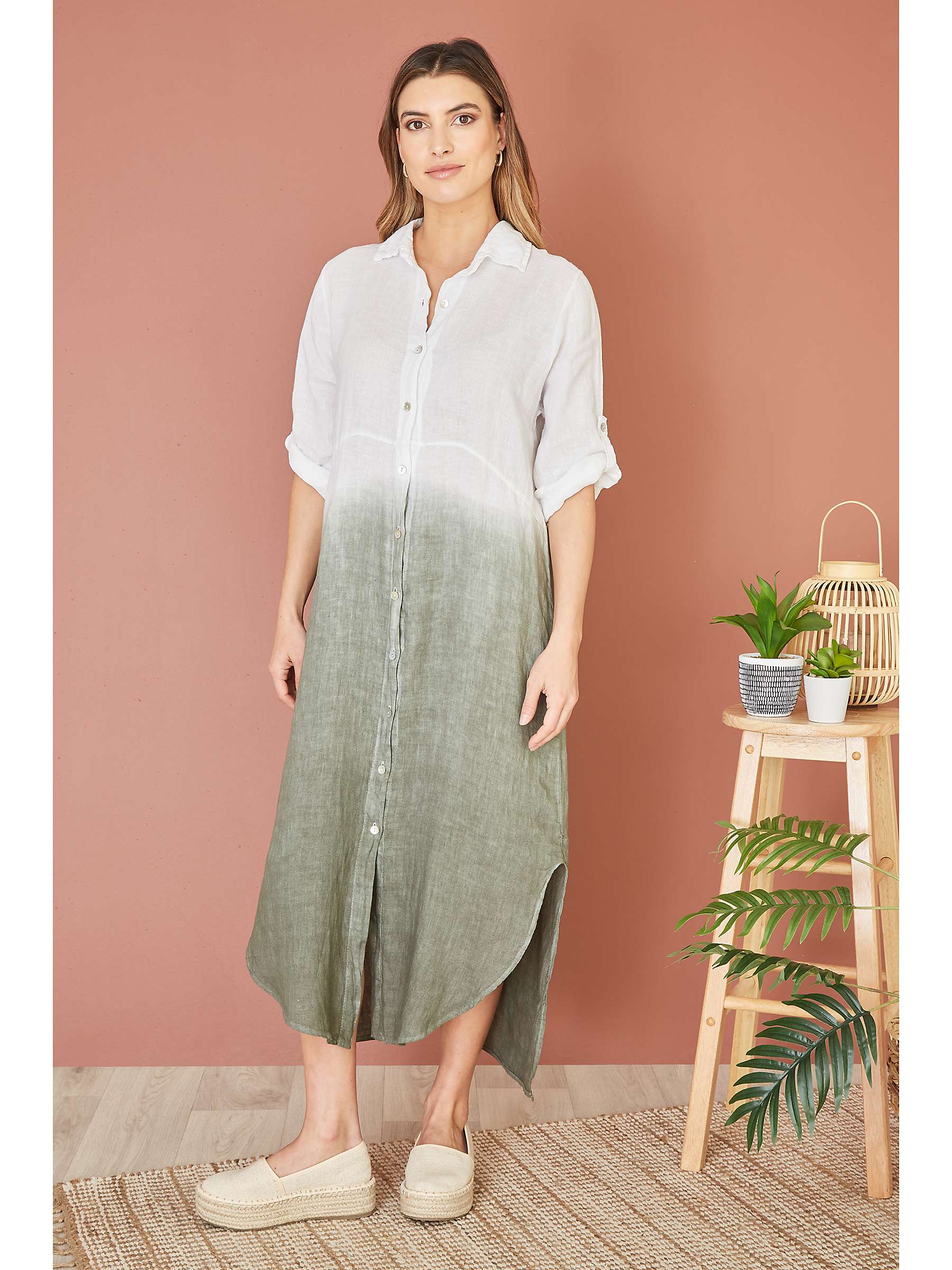 Buy Yumi Italian Linen Dip Dye Midi Shirt Dress, Khaki/White Online at johnlewis.com