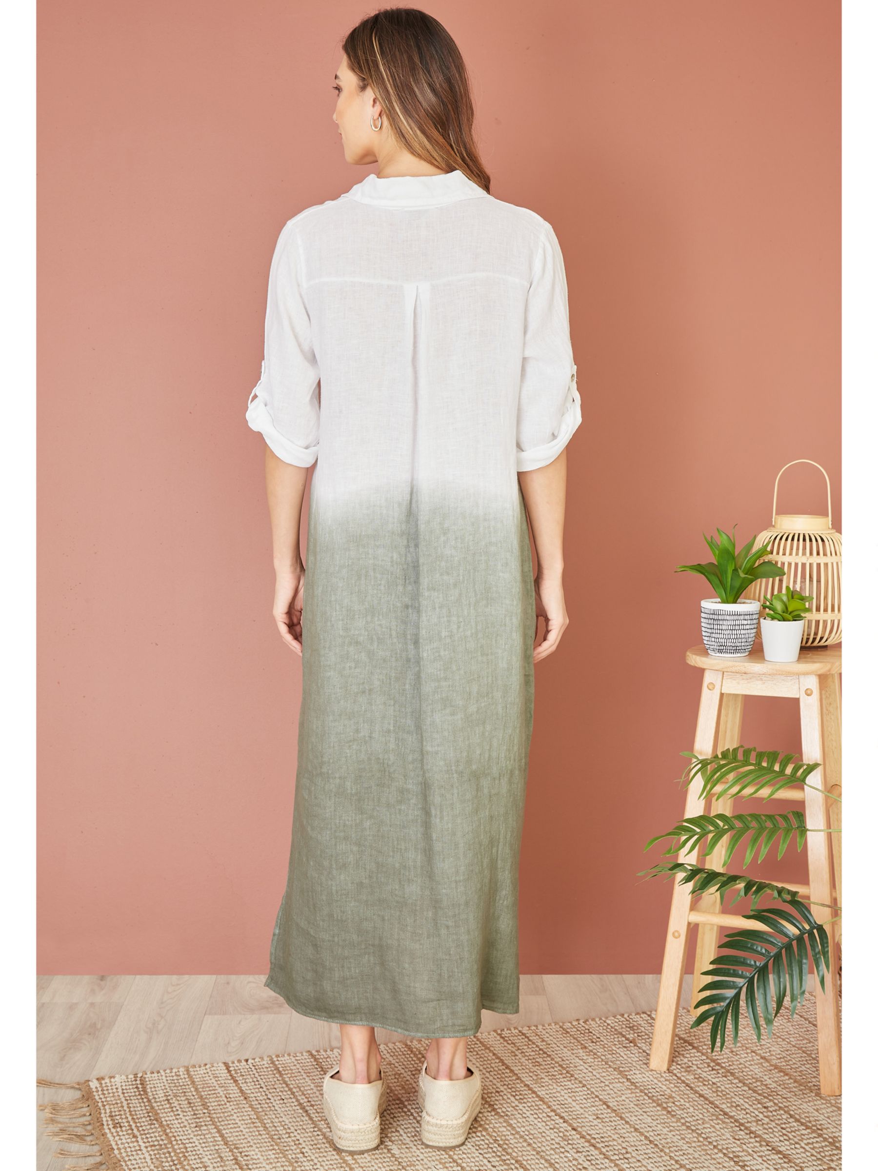 Yumi Italian Linen Dip Dye Midi Shirt Dress, Khaki/White, S-M