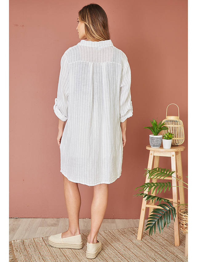 Yumi Linen Relaxed Fit Longline Shirt Dress, White Stripe