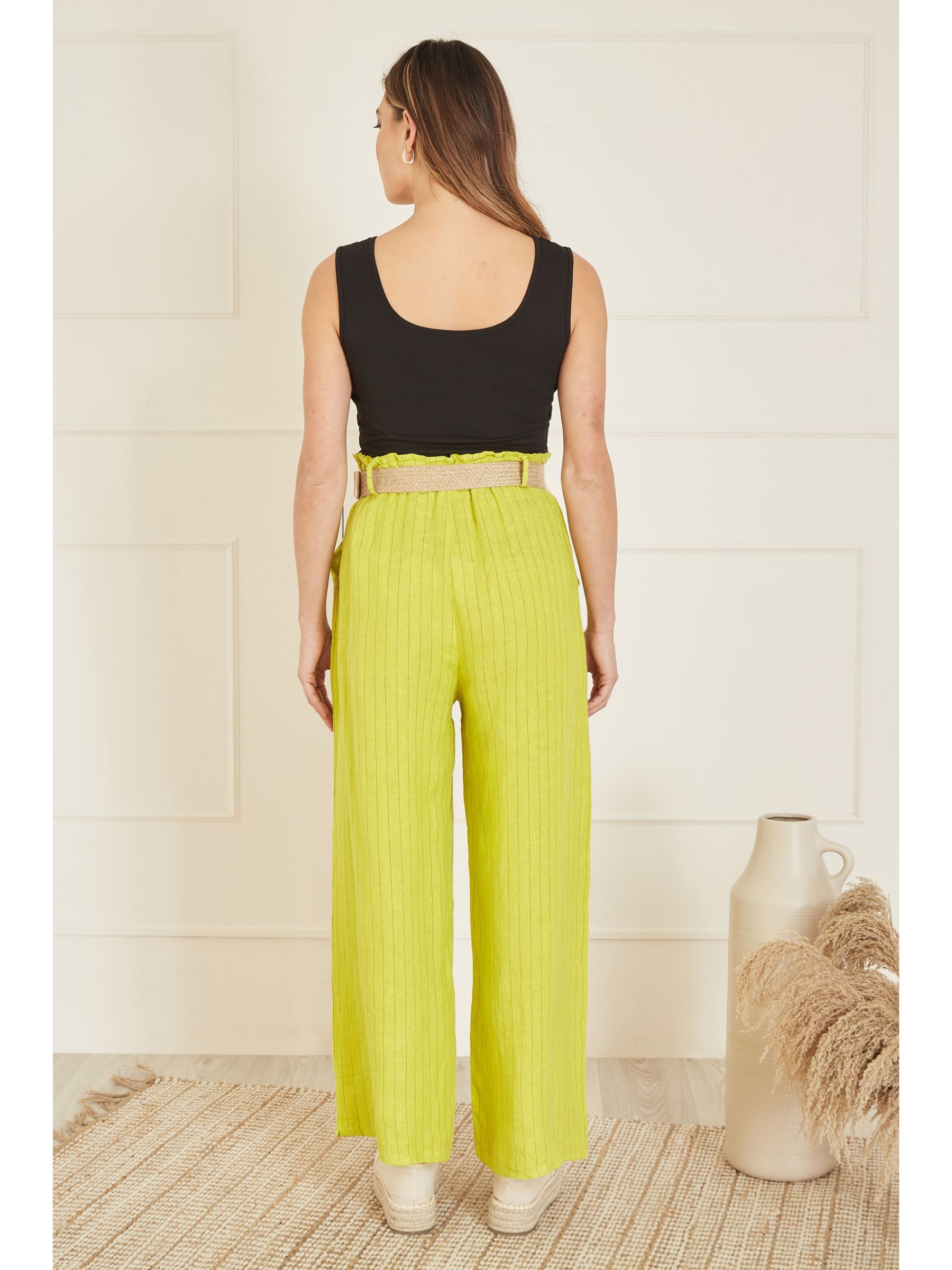 Yumi Italian Linen Striped Wide Leg Trousers & Belt, Lime, S