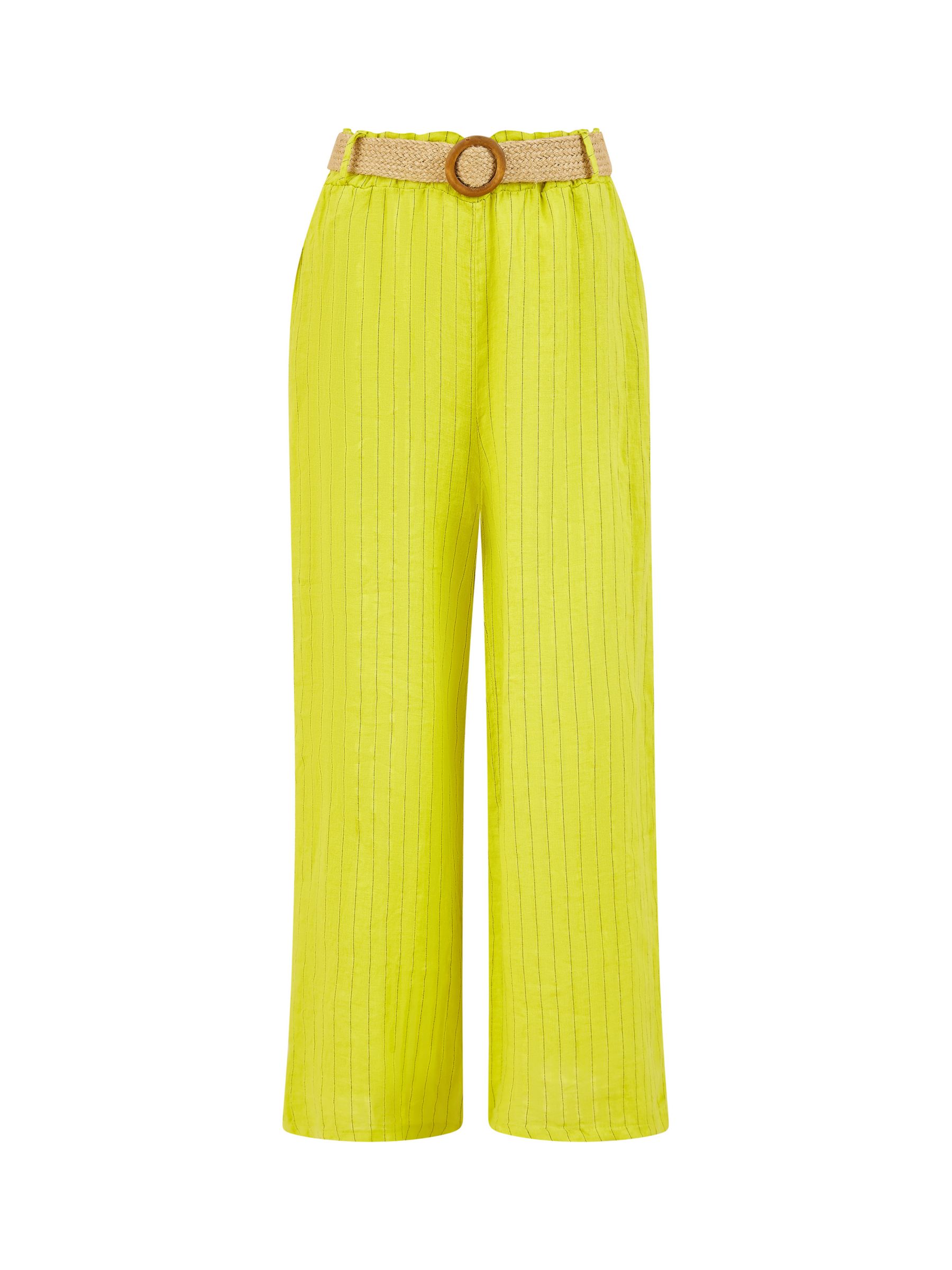 Yumi Italian Linen Striped Wide Leg Trousers & Belt, Lime, S