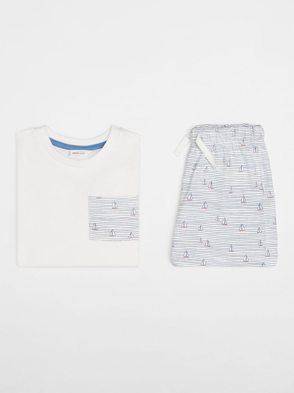 Mango Baby Maresme Sail Boat Print T-Shirt & Shorts Pyjamas Set, Natural White, 12-18 months