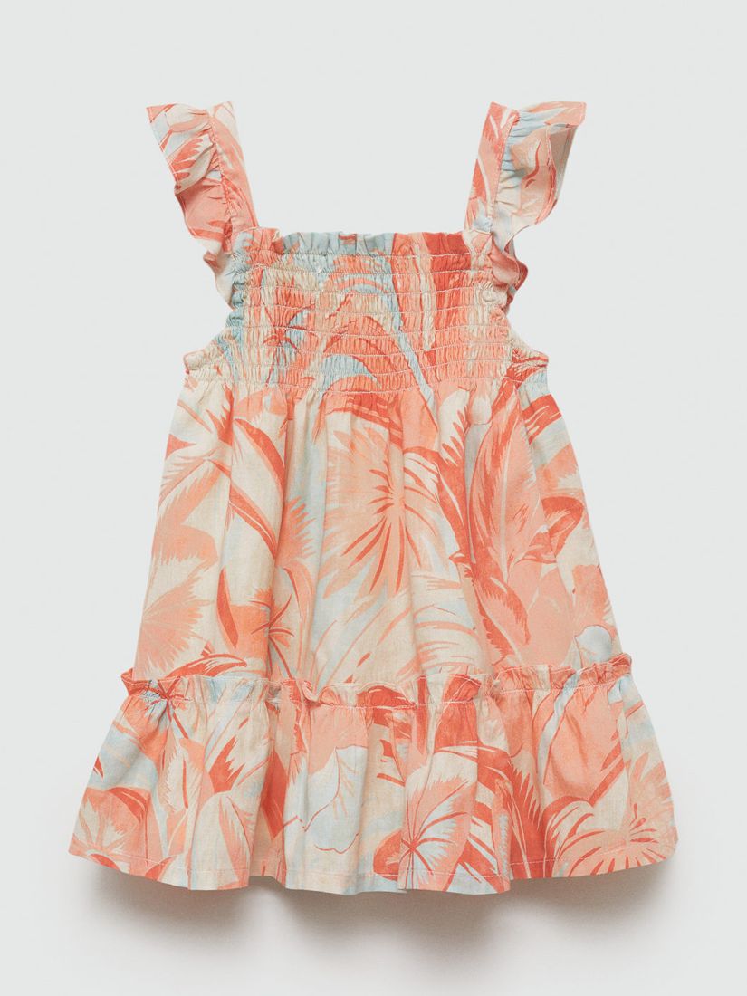 Mango Baby Lombok Floral Print Ruched Dress, Light Pastel Orange, 12-18 months