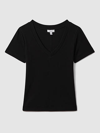 Reiss Becca V-Neck Ribbed T-Shirt, Black