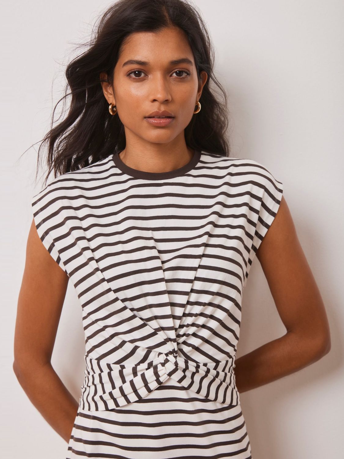 Mint Velvet Stripe Twist Detail Midi Dress, Dark Brown/White, XS