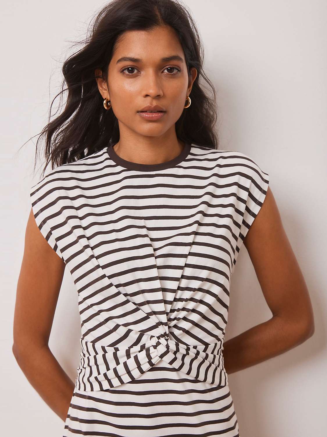 Buy Mint Velvet Stripe Twist Detail Midi Dress, Dark Brown/White Online at johnlewis.com