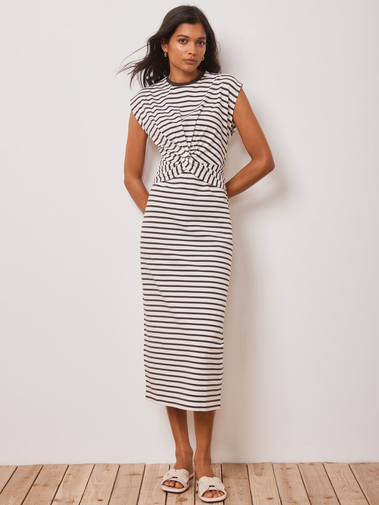 Mint Velvet Stripe Twist Detail Midi Dress, Dark Brown/White, XS