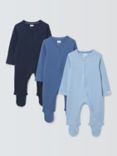 John Lewis Baby Cotton Two Way Zip Ribbed Cotton Sleepsuit, Pack of 3, Multi