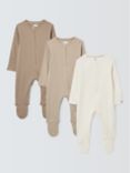 John Lewis Baby Cotton Two Way Zip Ribbed Cotton Sleepsuit, Pack of 3, Multi